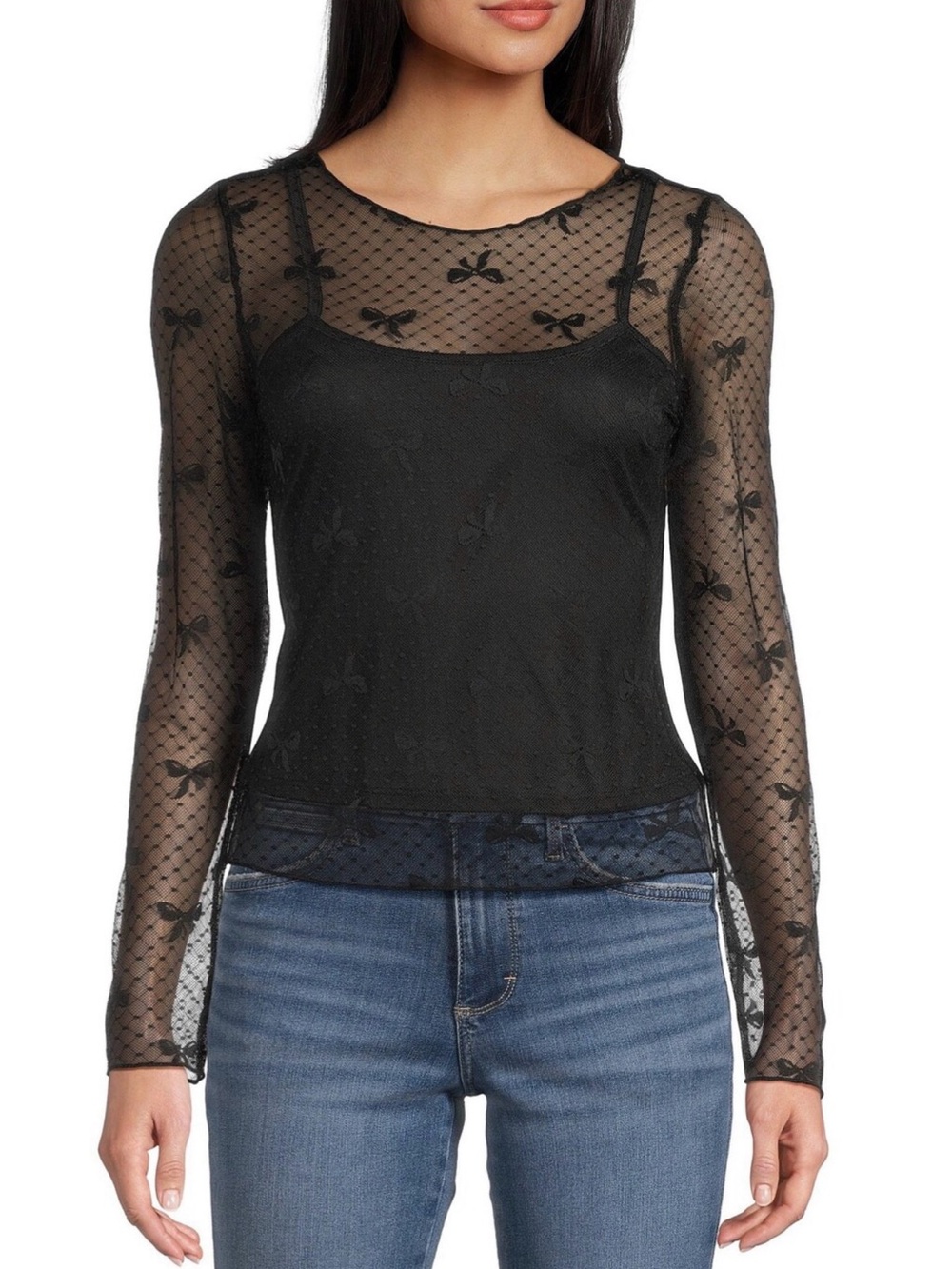 Evolutionary Mesh Bow Print Long Sleeve Top
- Black